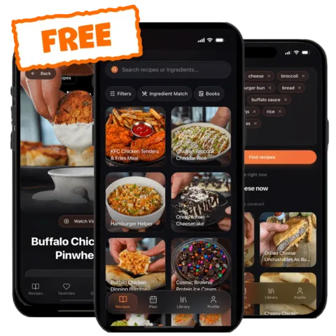 The FDL recipe app on three phones with a FREE badge